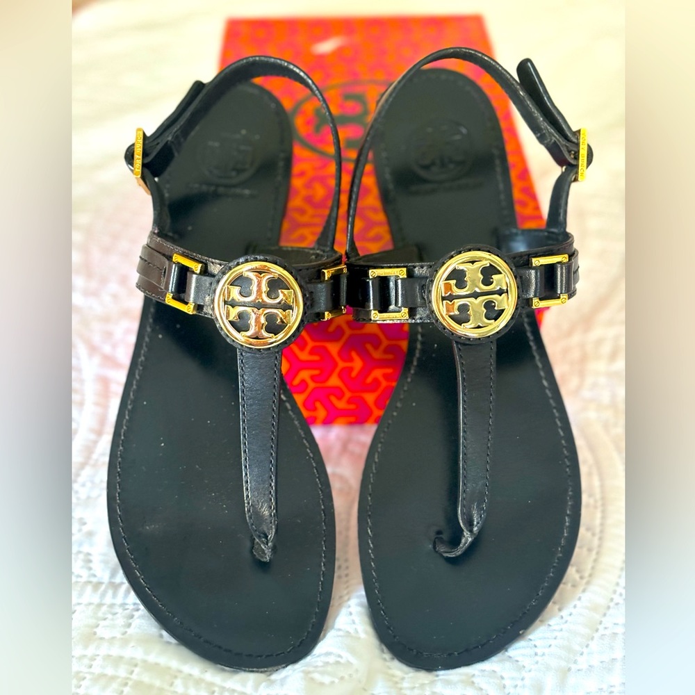 Tory Burch Size 10.5 Black Cassia-African Veg Leather Sandals